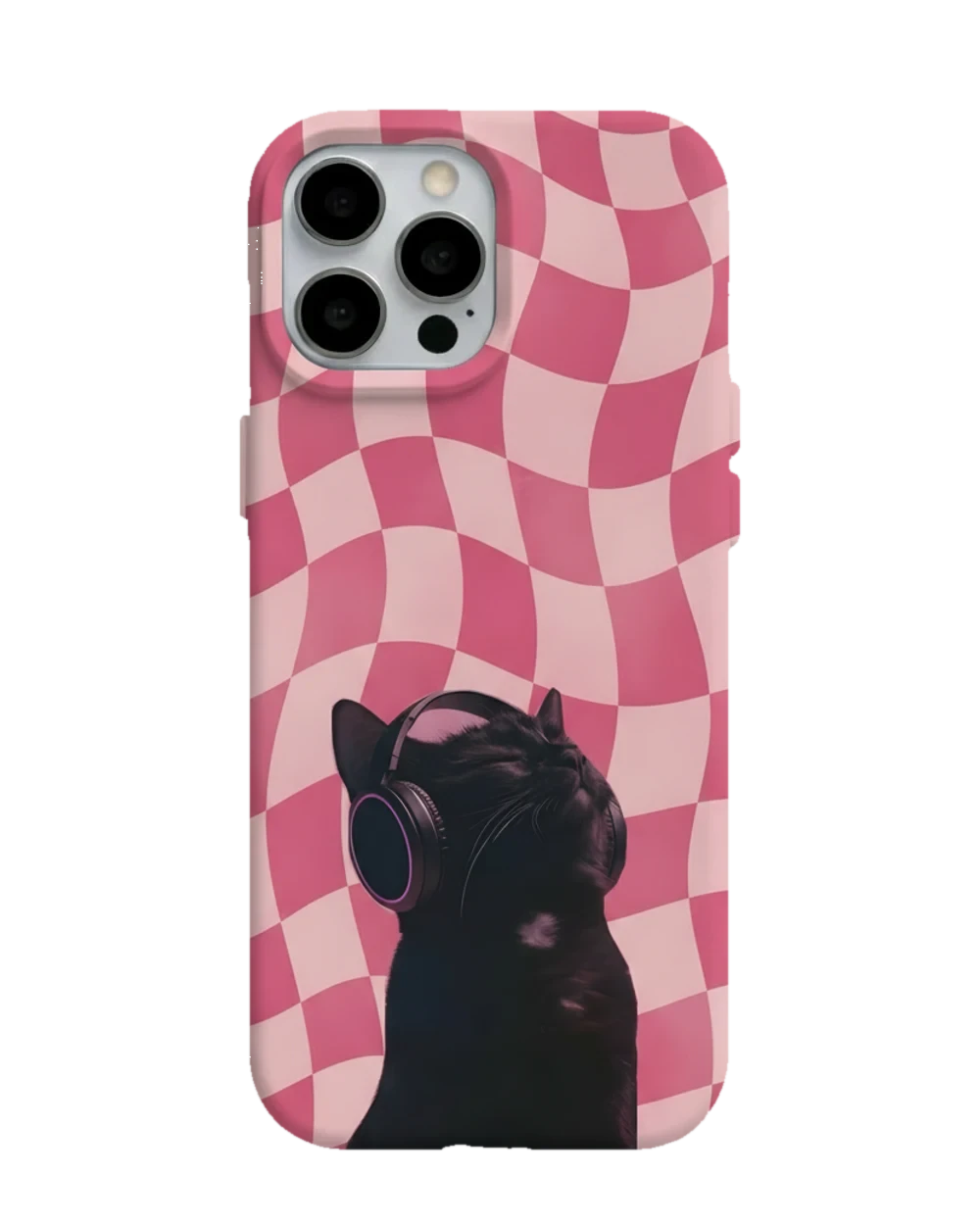 Kulaklıklı Kedi Pembe Dama telefon kılıfı
