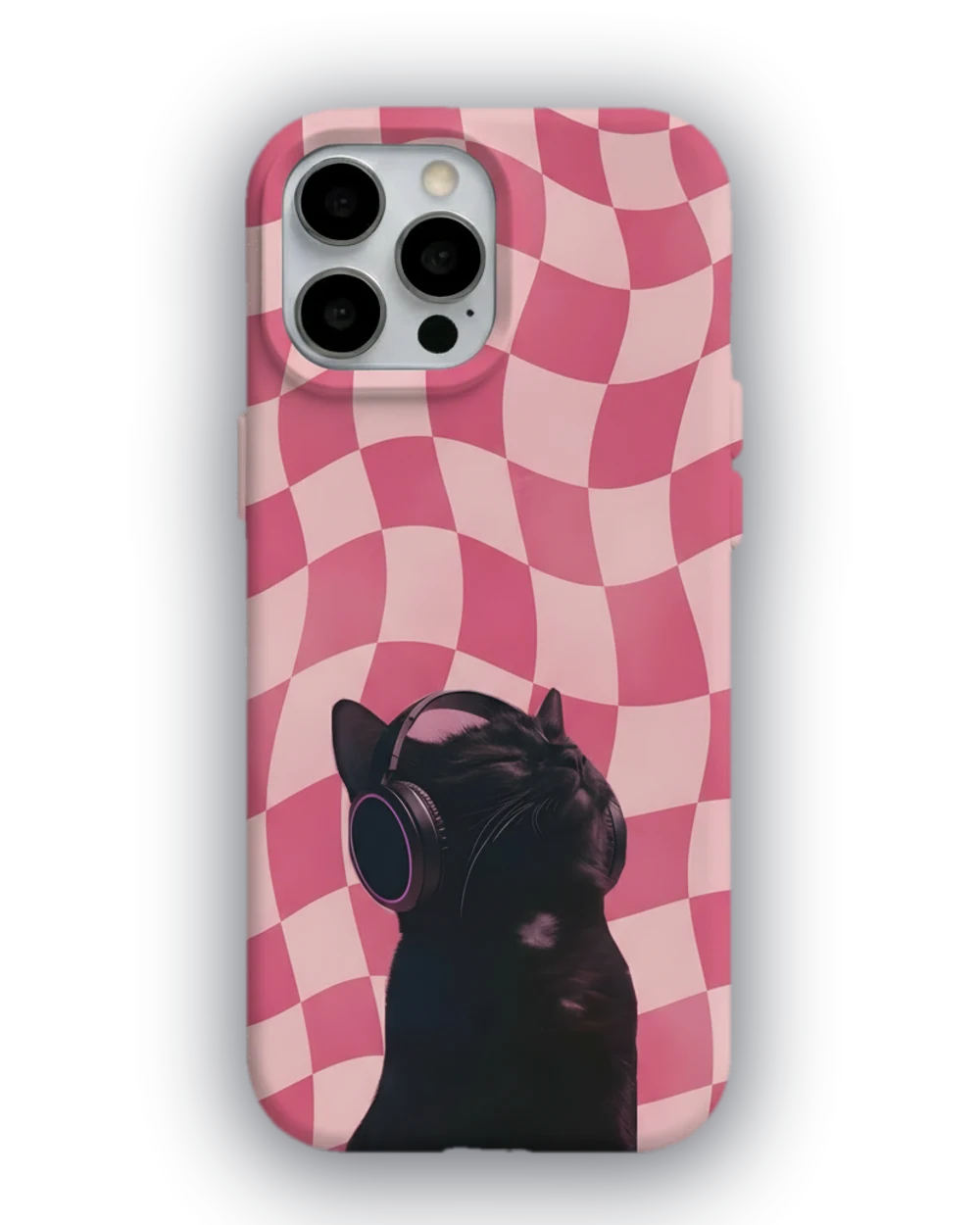 Kulaklıklı Kedi Pembe Dama telefon kılıfı