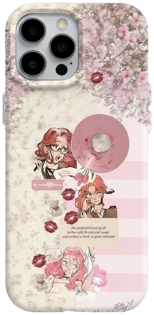 Pembe Çiçekli Anime Kolaj telefon kılıfı
