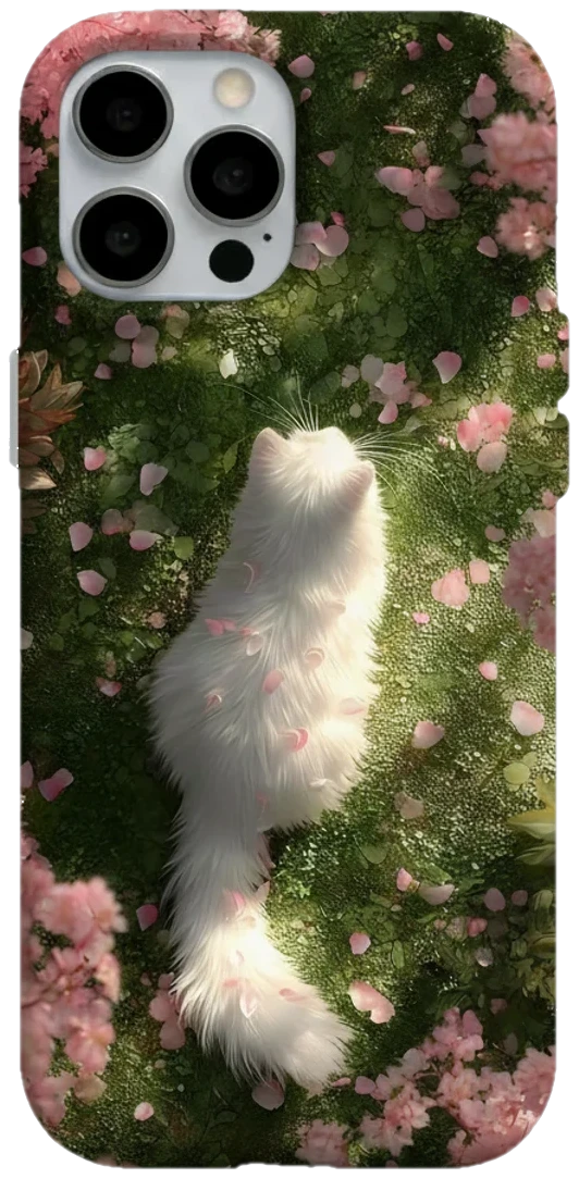 Bahar Bahçesinde Beyaz Kedi telefon kılıfı
