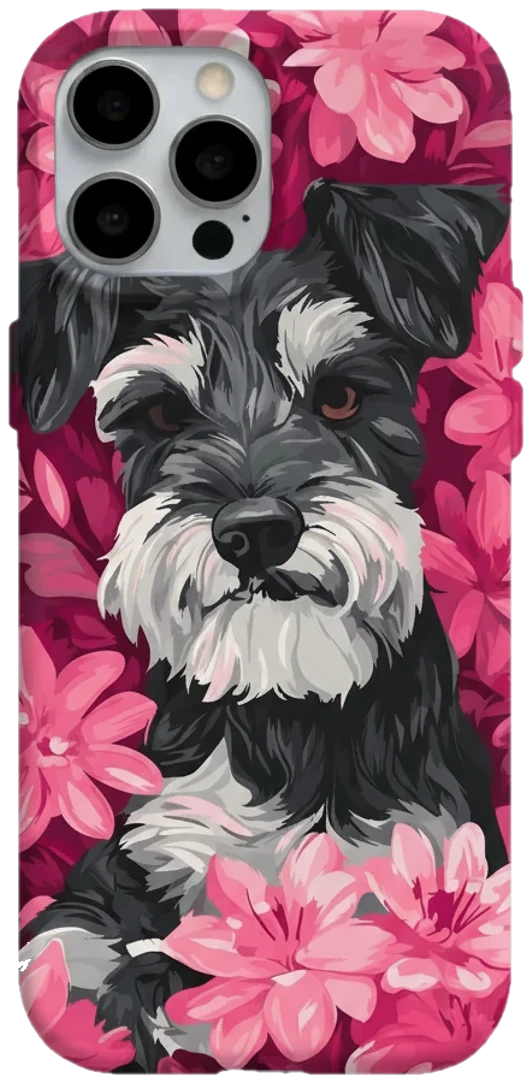 Çiçekler Arasında Schnauzer telefon kılıfı